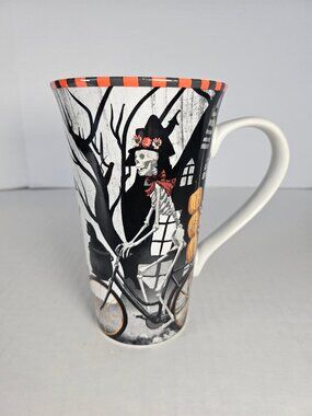 222 Fifth Halloween Bicycle Skeleton Porcelain Tall Latte Coffee Mug Cup 16 oz.